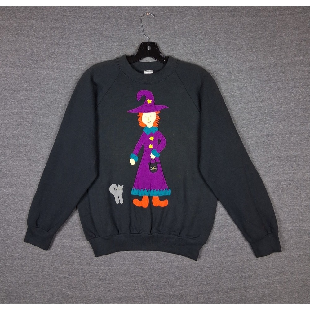 VTG Womens Sweatshirt Small Black Witch Cat Halloween Crew USA Made